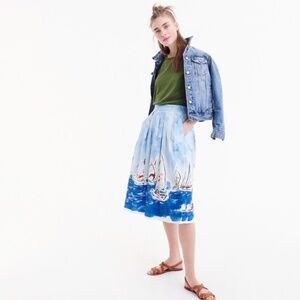 J Crew Regatta Painted Sail Midi Skirt Blue White PXS